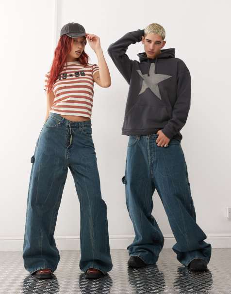 Weekday – Bash – Bensinblå, lediga byxor med vida ben och snickardetalj i unisex-modell - view 1