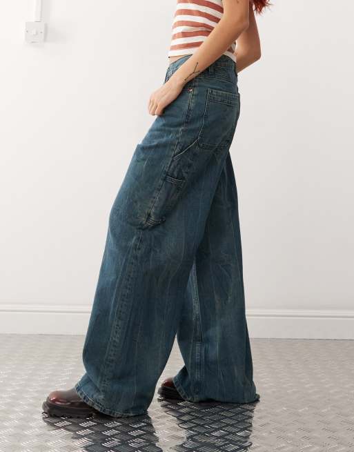 Weekday – Bash – Bensinblå, lediga byxor med vida ben och snickardetalj i unisex-modell, 2 av 5