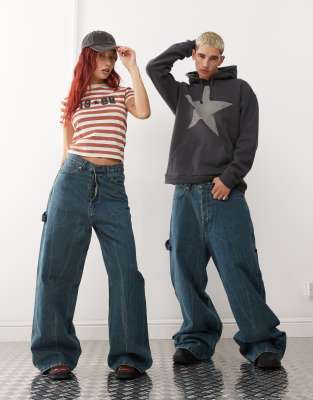 Bash Unisex loose fit wide leg carpenter jeans in petrol blue