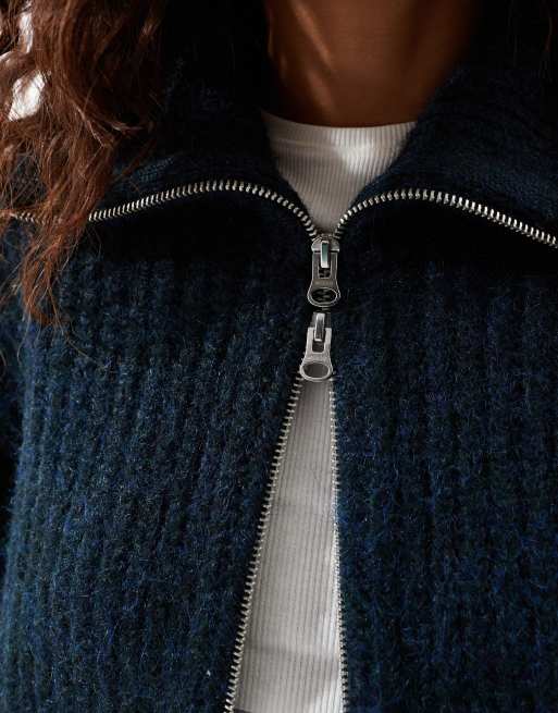 Weekday - Bea - Meleret marineblå cardigan med gennemgående lynlås og oversized krave i uldblanding, 3 af 4