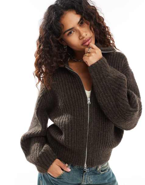 Weekday - Bea - Mørkebrunmeleret cardigan med oversized krave og lynlås i uldblanding - view 1