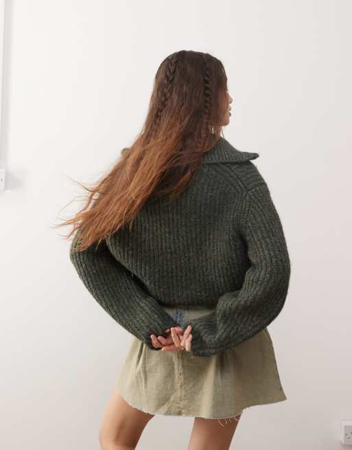 Weekday Bea wool blend zip through cardigan in dark green melange