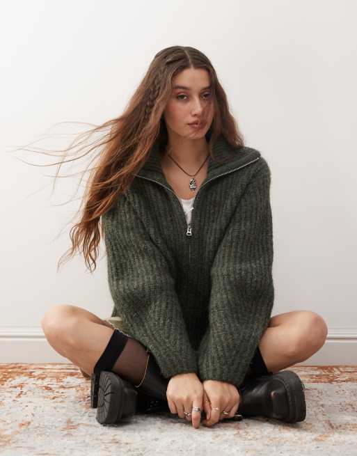 Weekday Bea wool blend zip through cardigan in dark green melange