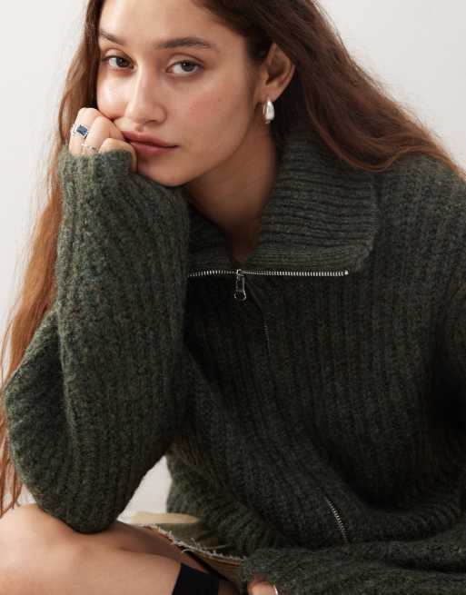 Weekday Bea wool blend zip through cardigan in dark green melange