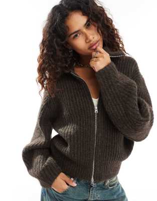 Bea wool blend zip through cardigan with oversized collar in dark brown melange