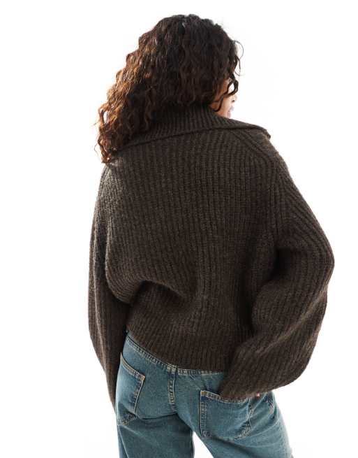 Weekday Bea wool blend zip through cardigan with oversized collar in dark brown melange, 3 of 4