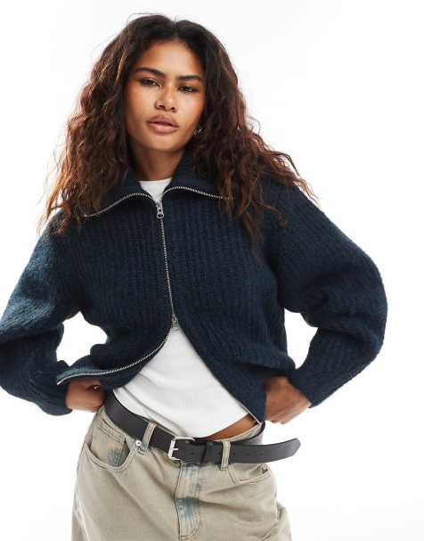 Weekday Bea wool blend zip through cardigan with oversized collar in navy melange - view 1