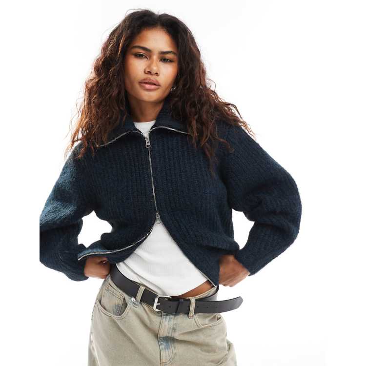 Weekday Bea wool blend zip through cardigan with oversized collar