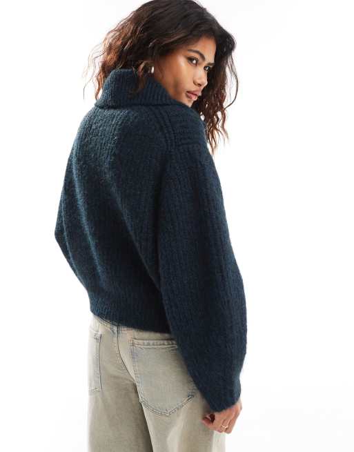 Weekday Bea Wool Blend Zip Through Cardigan with Oversized Collar in Navy Melange