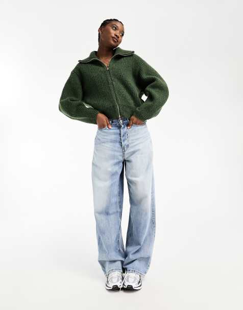 Weekday Bea zip through high neck cardigan in dark green melange - view 1
