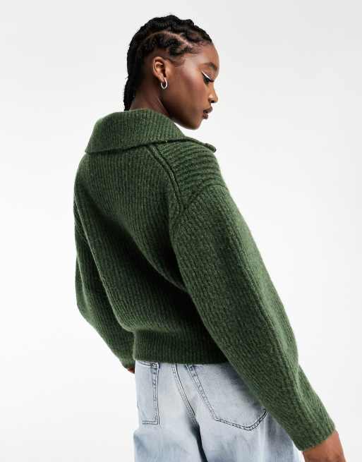 Weekday Bea zip through high neck cardigan in dark green melange