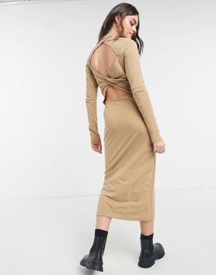 Weekday Begonia cut out back midi dress in camel