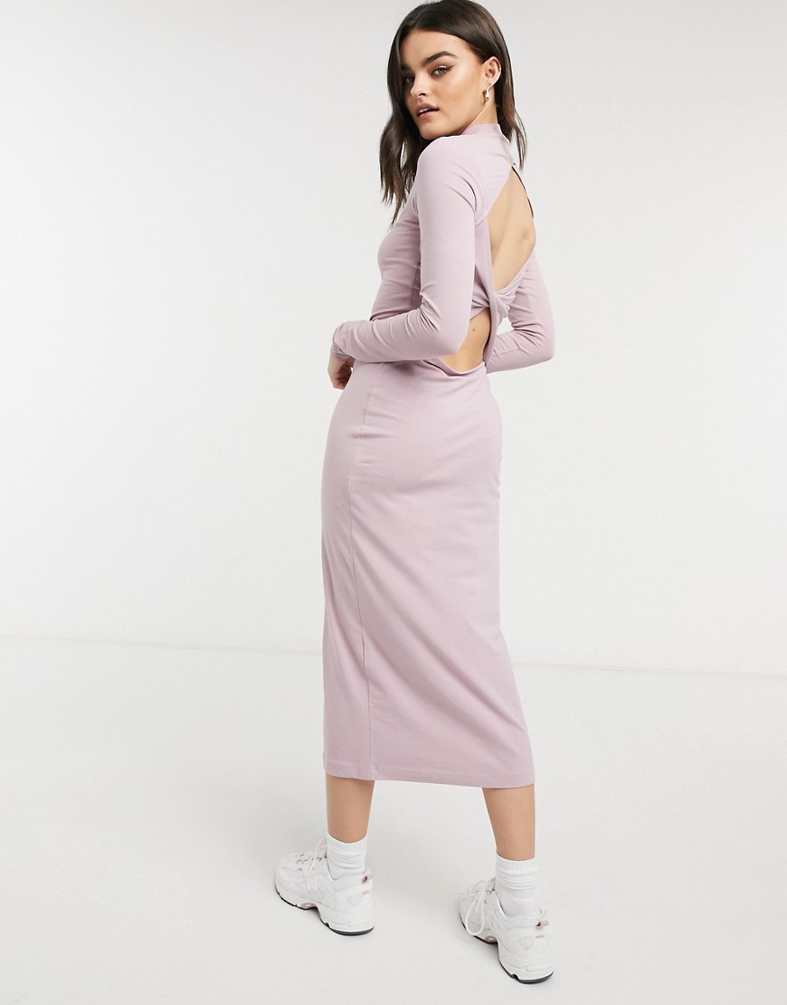 Weekday Begonia organic blend cotton cut out back midi dress in dusty pink