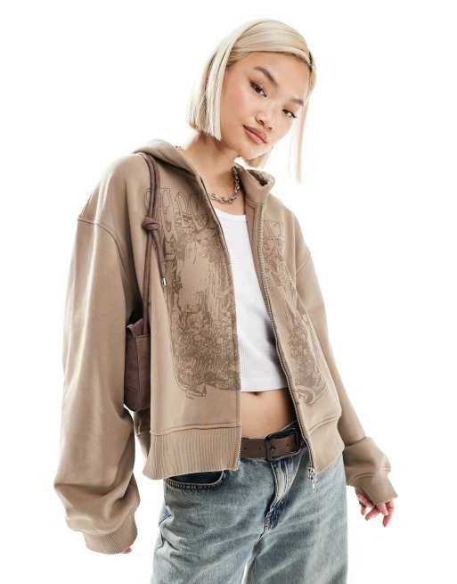 Weekday – Beige huvtröja i oversize och boxig passform med dragkedja och fétryck