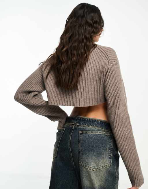 Weekday Bell zip through knitted bolero in brown melange