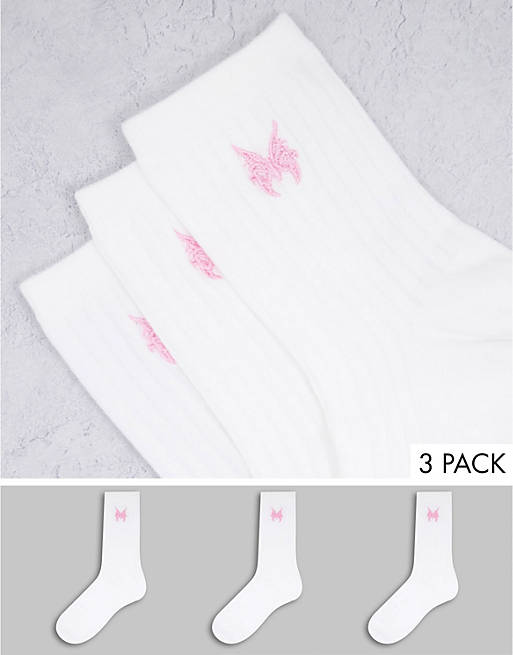 Weekday Bella organic cotton 3 pack butterfly embroidered socks in white