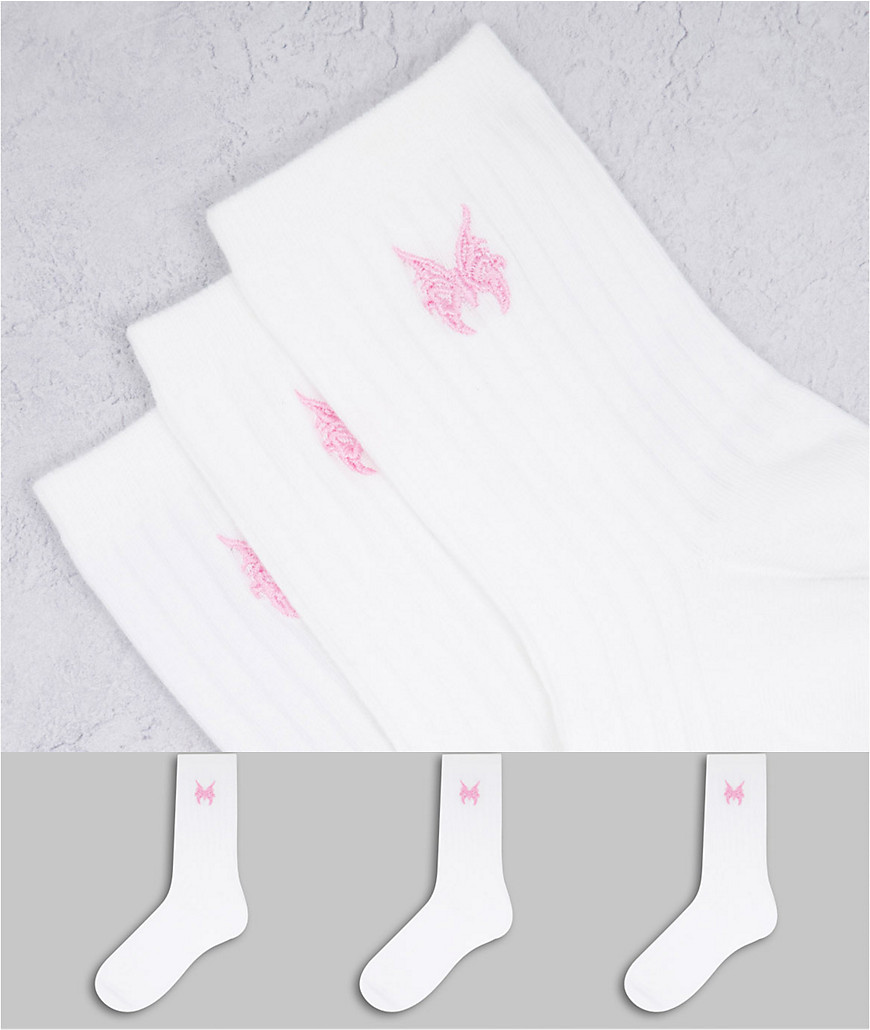 Weekday - Bella - Set van 3 sokken van biologisch katoen met geborduurde vlinders in wit