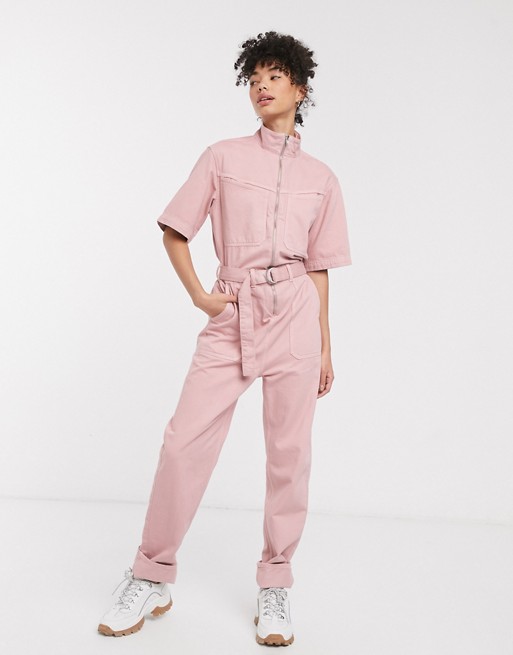 Weekday short sleeve denim boiler suit in washed pink