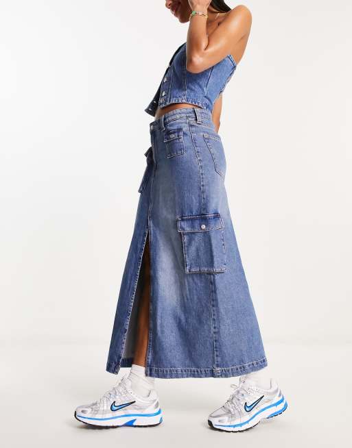 Weekday Beverly mid rise cargo denim midi skirt in pacific blue