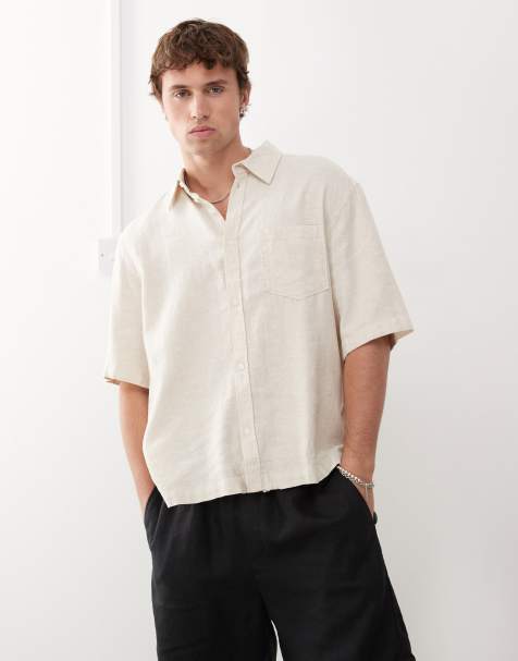 Weekday – Beżowa pudełkowa koszula oversize z krótkimi rękawami z domieszką lnu - view 1