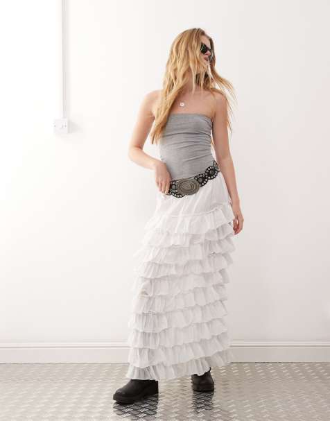 Weekday frill hem maxi skirt in white