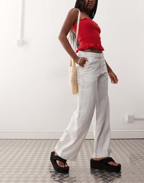 Weekday loose carpenter linen blend trousers in white