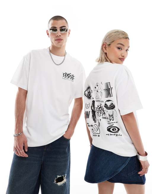 Weekday – Biały T-shirt unisex o fasonie oversize z kreskówkową grafiką – tylko w ASOS