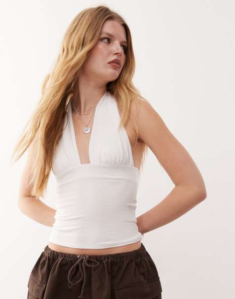 Weekday deep halter neck top in white