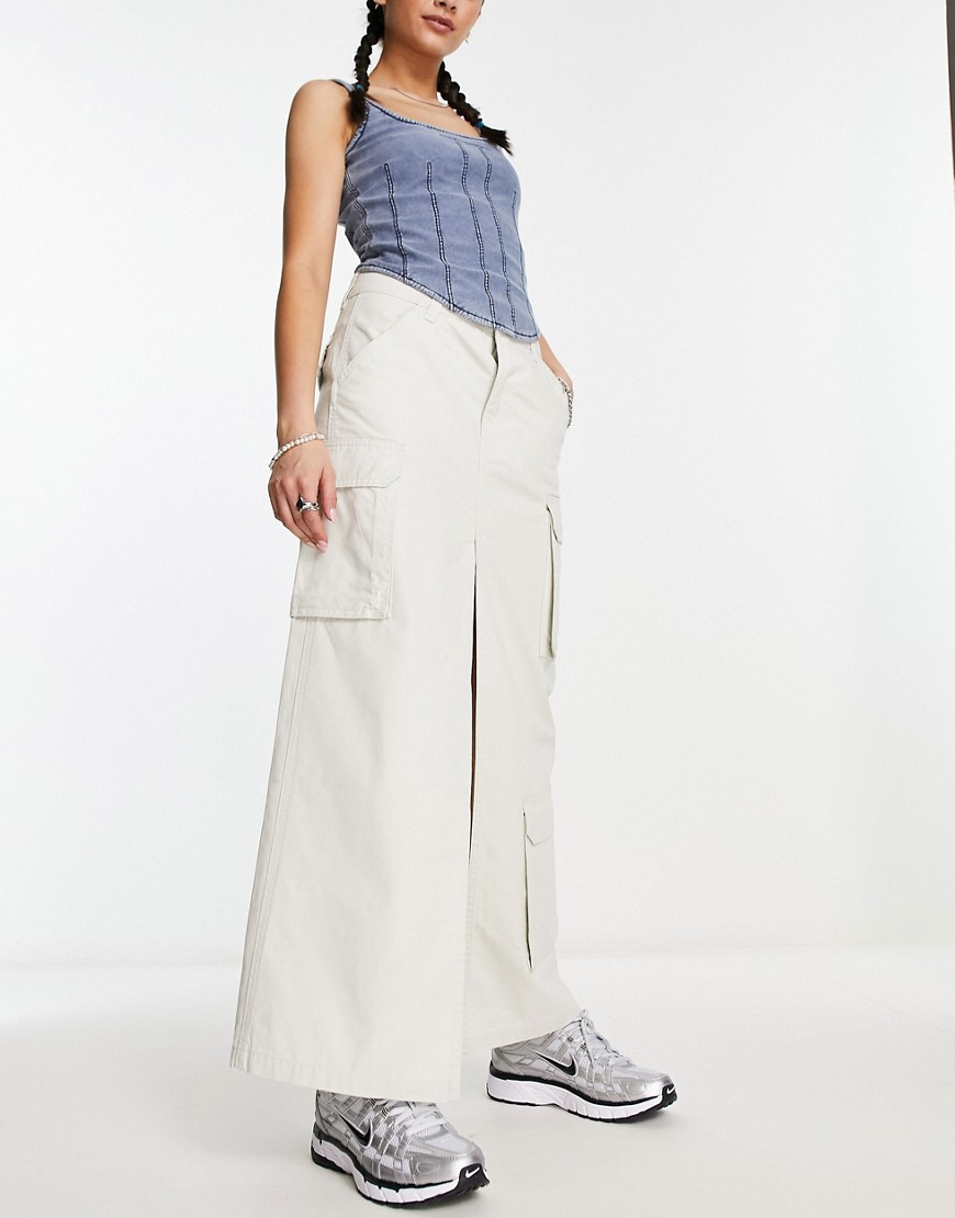 Weekday Billy Cargo Midi Skirt With Front Split In Beige-neutral