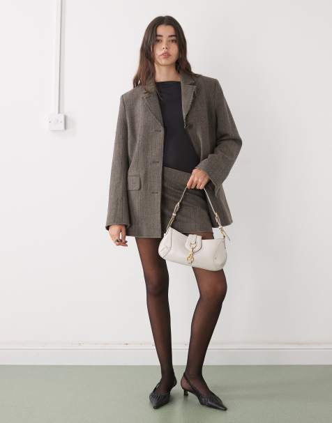 Weekday - Blend oversize in misto lana color talpa scuro con motivo a spina di pesce e bordi grezzi in coordinato - view 1