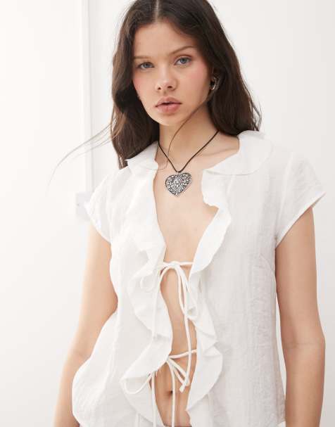 Weekday blouse with ruffle tie front detail in off-white - view 1