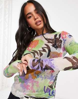 Weekday Blur mesh long sleeve top in monster print