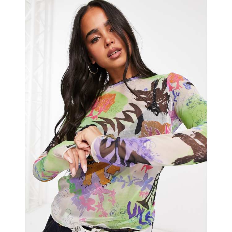 Weekday Blur mesh long sleeve top in monster print