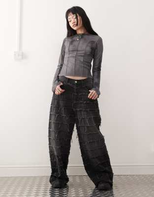 Weekday Blur Print Long Sleeve Mesh Top In Gray