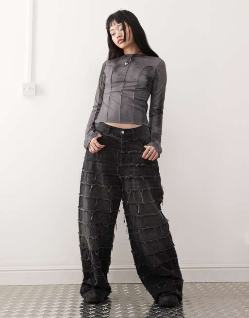 Weekday blur print long sleeve mesh top in gray , 2 of 4