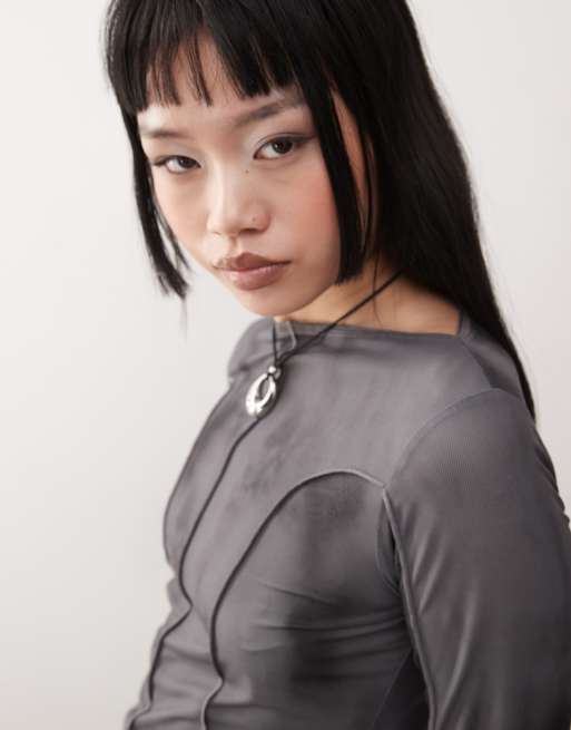 Weekday blur print long sleeve mesh top in gray , 4 of 4