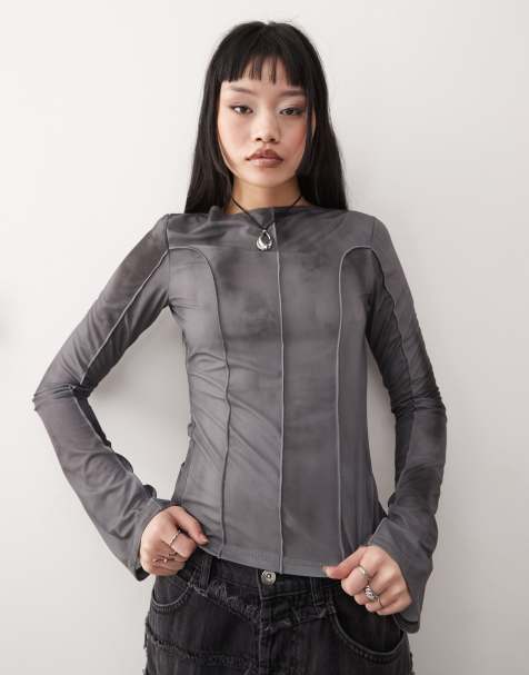 Weekday blur print long sleeve mesh top in grey  - view 1