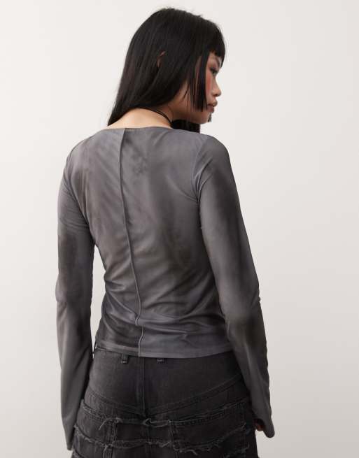 Weekday blur print long sleeve mesh top in grey , 3 of 4