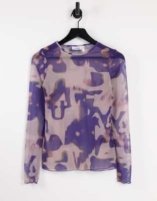 Weekday Blur printed mesh long sleeve top in purple - MULTI