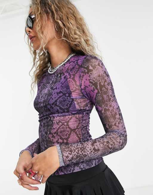 Weekday - Blur - Top a maniche lunghe in rete di poliestere con stampa pitonata viola - LILAC