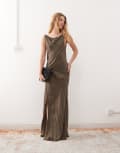 [Weekday] Weekday boat neck bias cut satin maxi dress in dark mole-Brown XL DARK MOLE