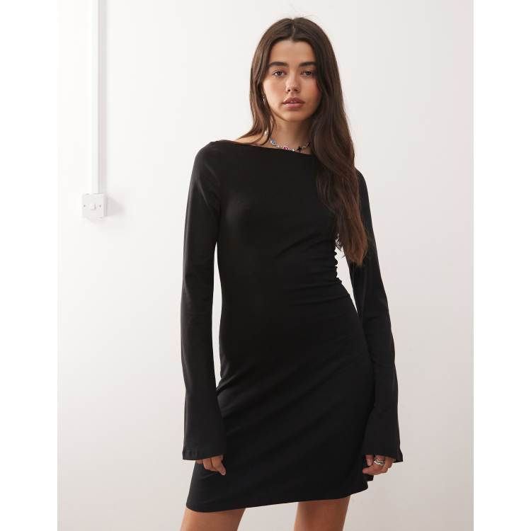 boat neck black mini dress long sleeve Weekday in Princess polly