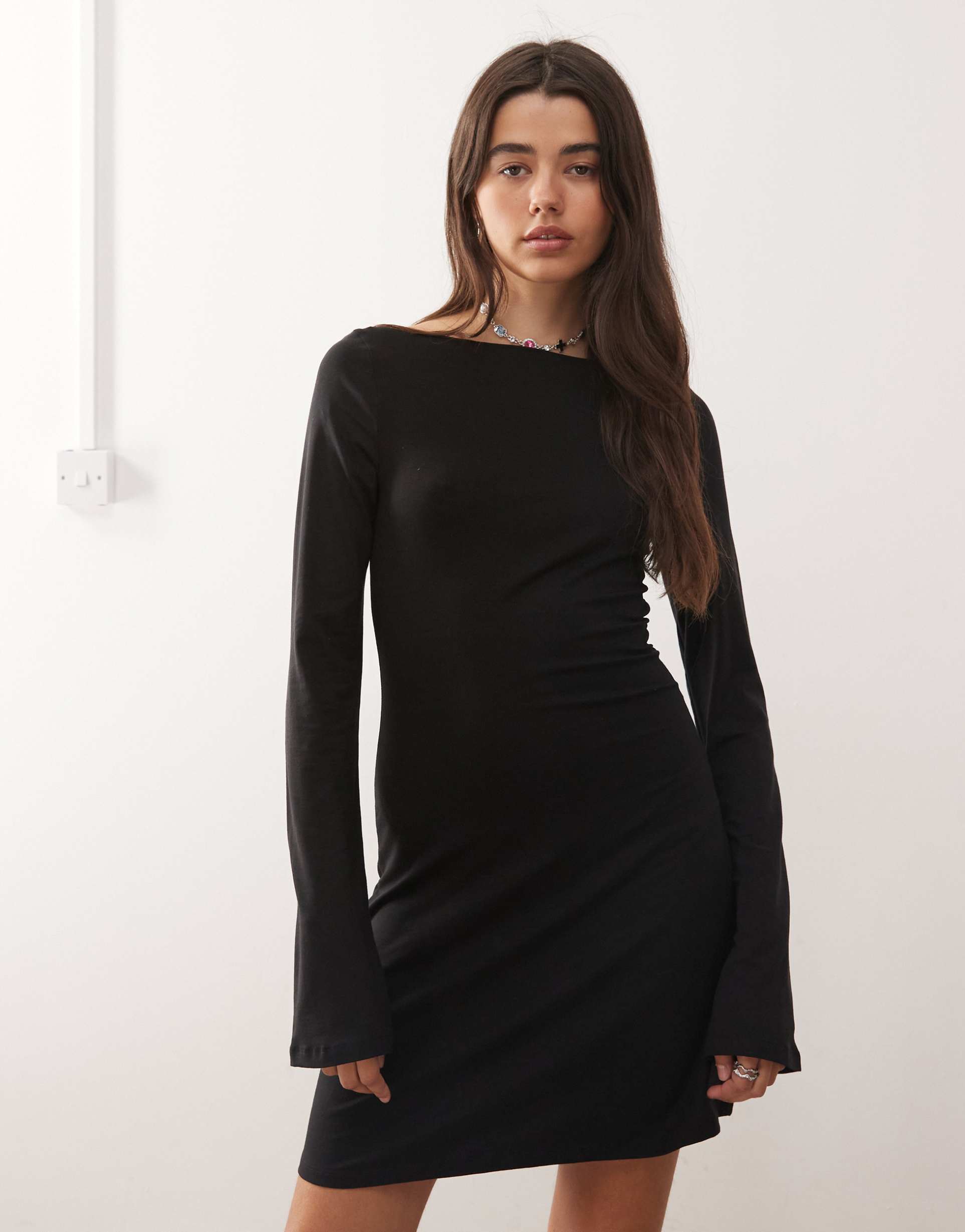 weekday boat neck long sleeve mini dress in black - exclusive to asos