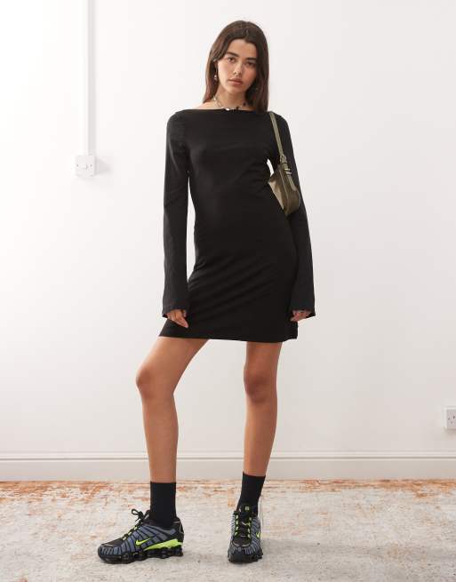 Weekday boat neck long sleeve mini dress in black exclusive to ASOS