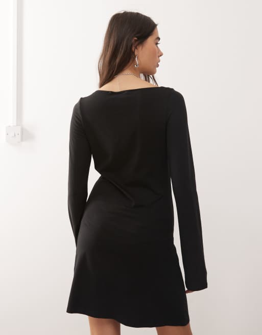 Weekday boat neck long sleeve mini dress in black exclusive to ASOS