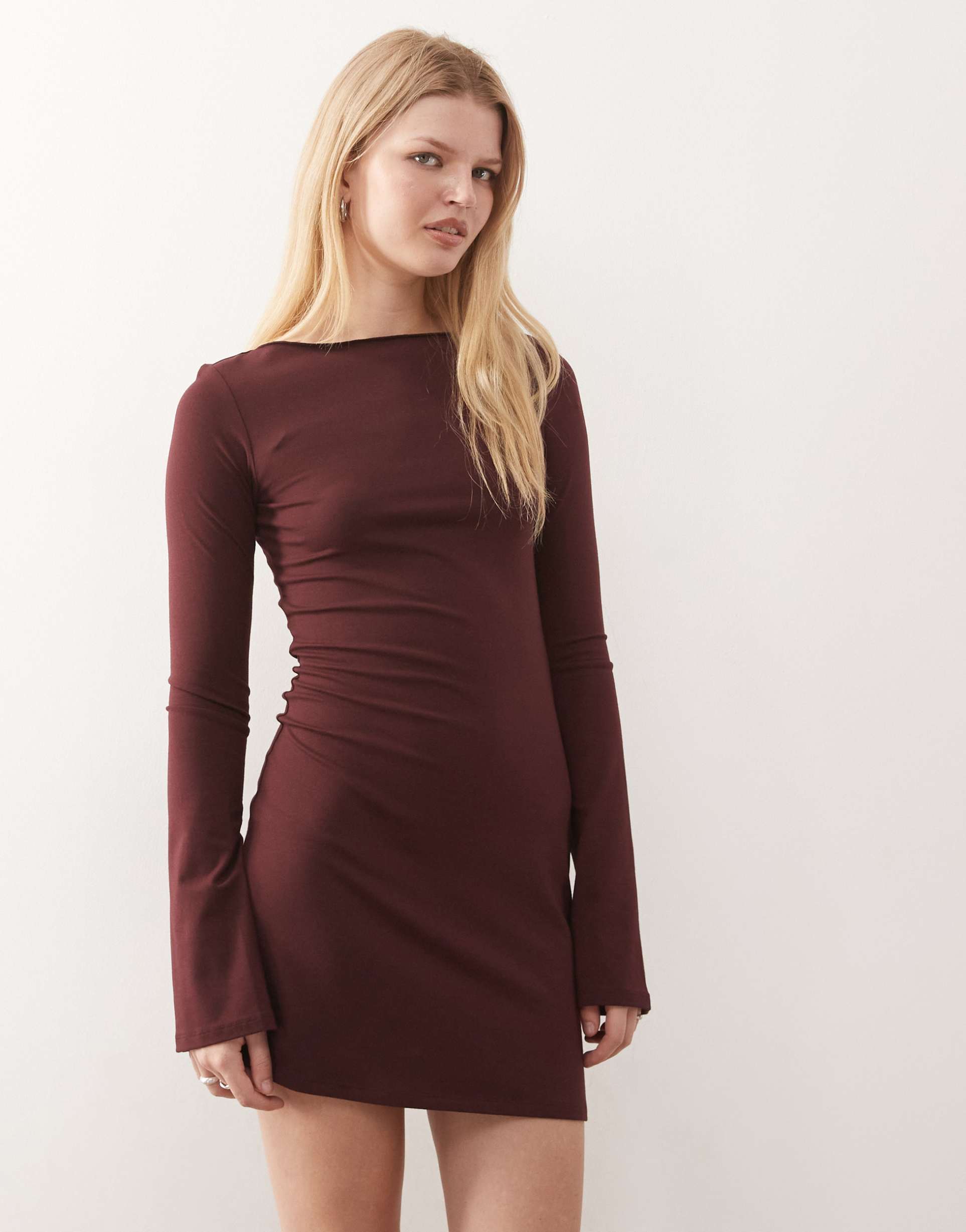 weekday boat neck long sleeve mini dress in burgundy