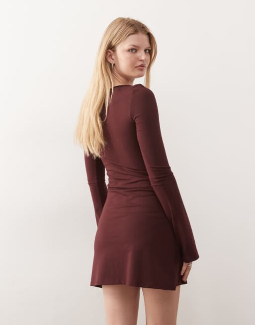 Weekday boat neck long sleeve mini dress in burgundy, 4 of 4