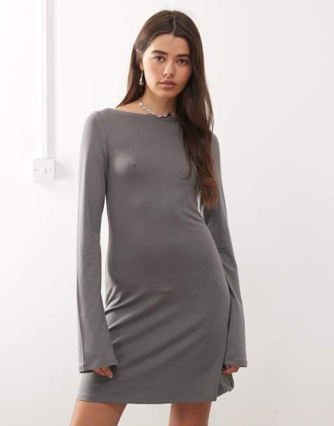 Weekday boat neck long sleeve mini dress in dark grey exclusive to ASOS - view 1