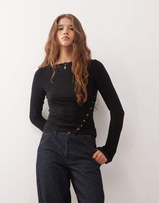 Weekday Boat Neck Long Sleeve Top With Eyelet Split Hem Detail In Black