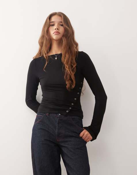 Weekday boat neck long sleeve top with eyelet split hem detail in black - view 1